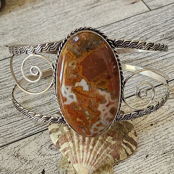 Sunset Blaze Orange Agate Wide Silver Cuff, Vibrant Sterling Silver Bracelet - Picture 1 of 10